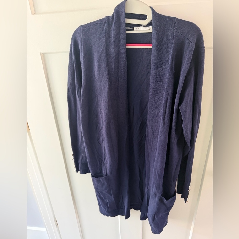89th + Madison Navy Blue Open Front Cardigan Sweater Large Pockets Button Cuffs